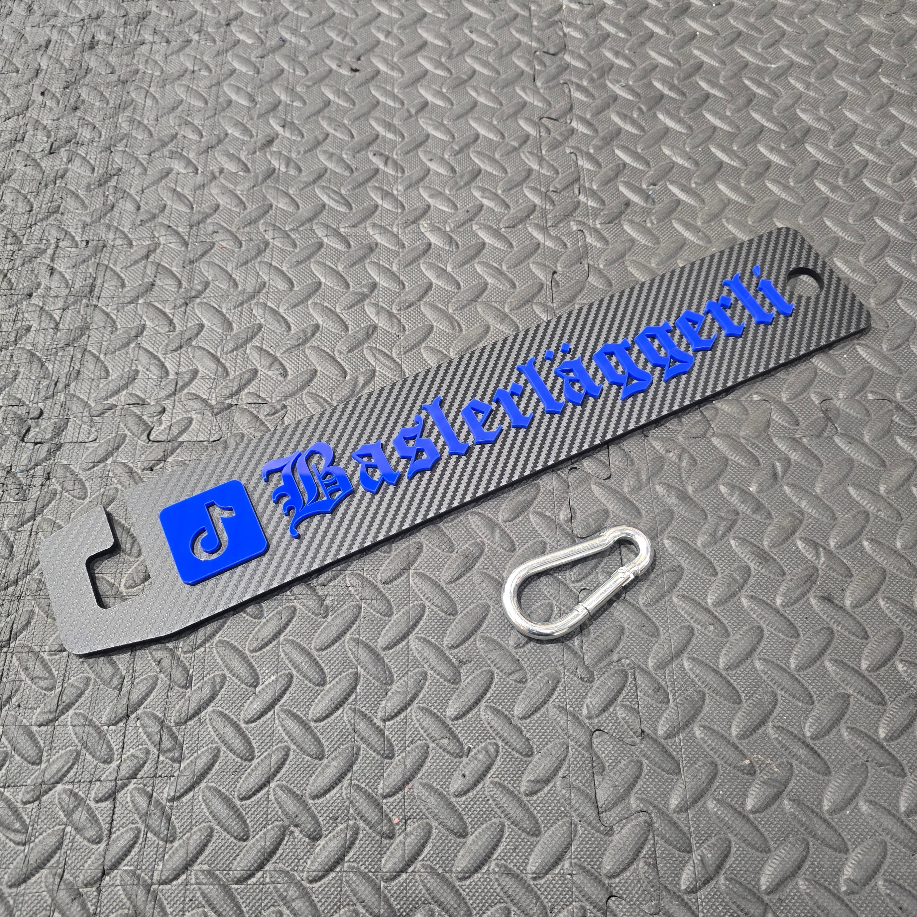 Proform Custom Design Social Media Prop with Customised Font - Carbon Fibre Effect Prop With Medium Blue Custom Font