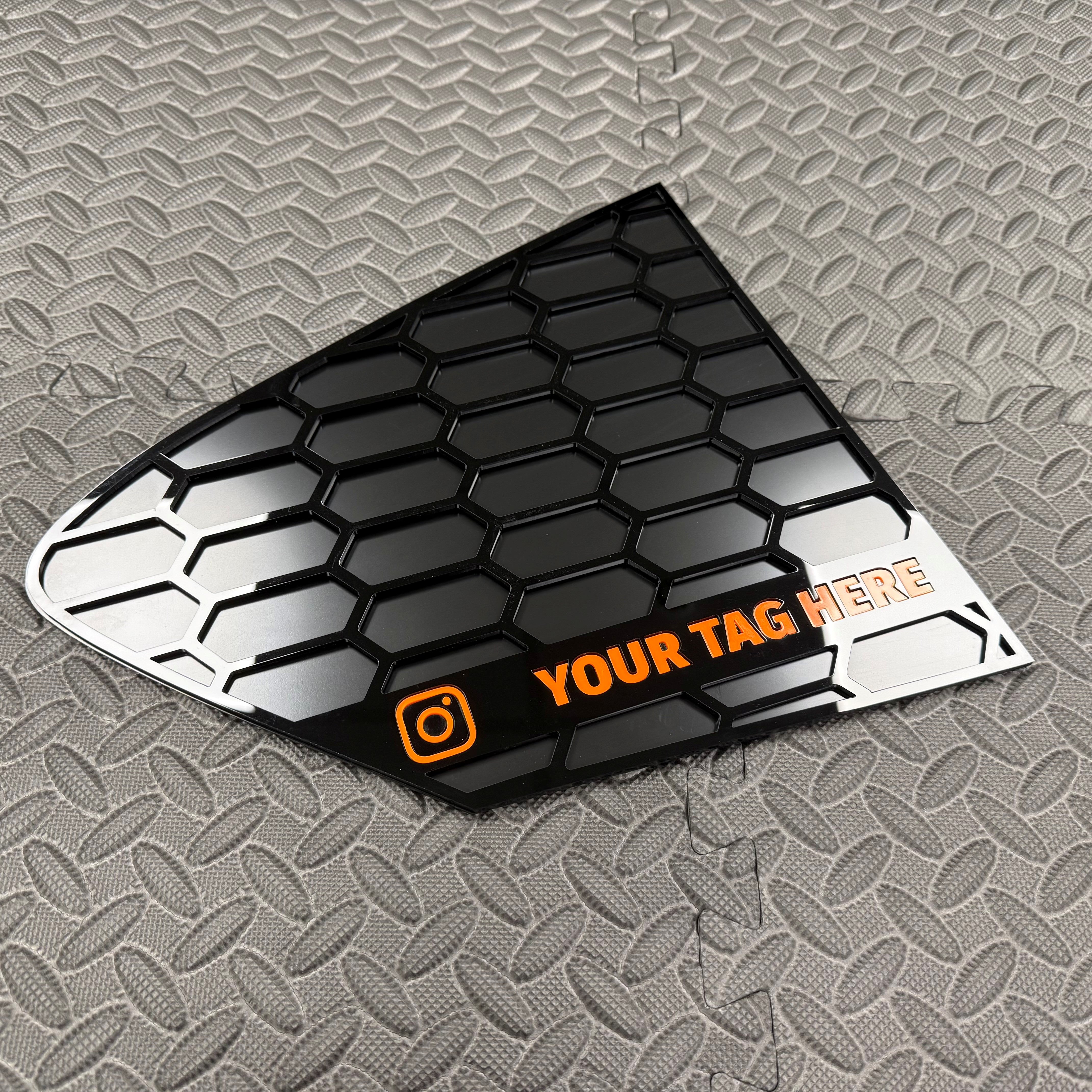 Mk4/4.5 Focus Rear Quarter Window Inserts (Pair) - Custom Text / Social Media Tag - Orange Detail