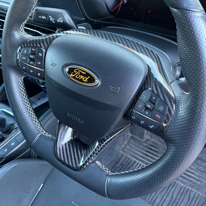 Mk8/8.5 Fiesta / Mk2 Puma & Mk4/4.5 Focus Real Carbon Fibre Steering Wheel Trims - Upper and Lower Trims Installed.
