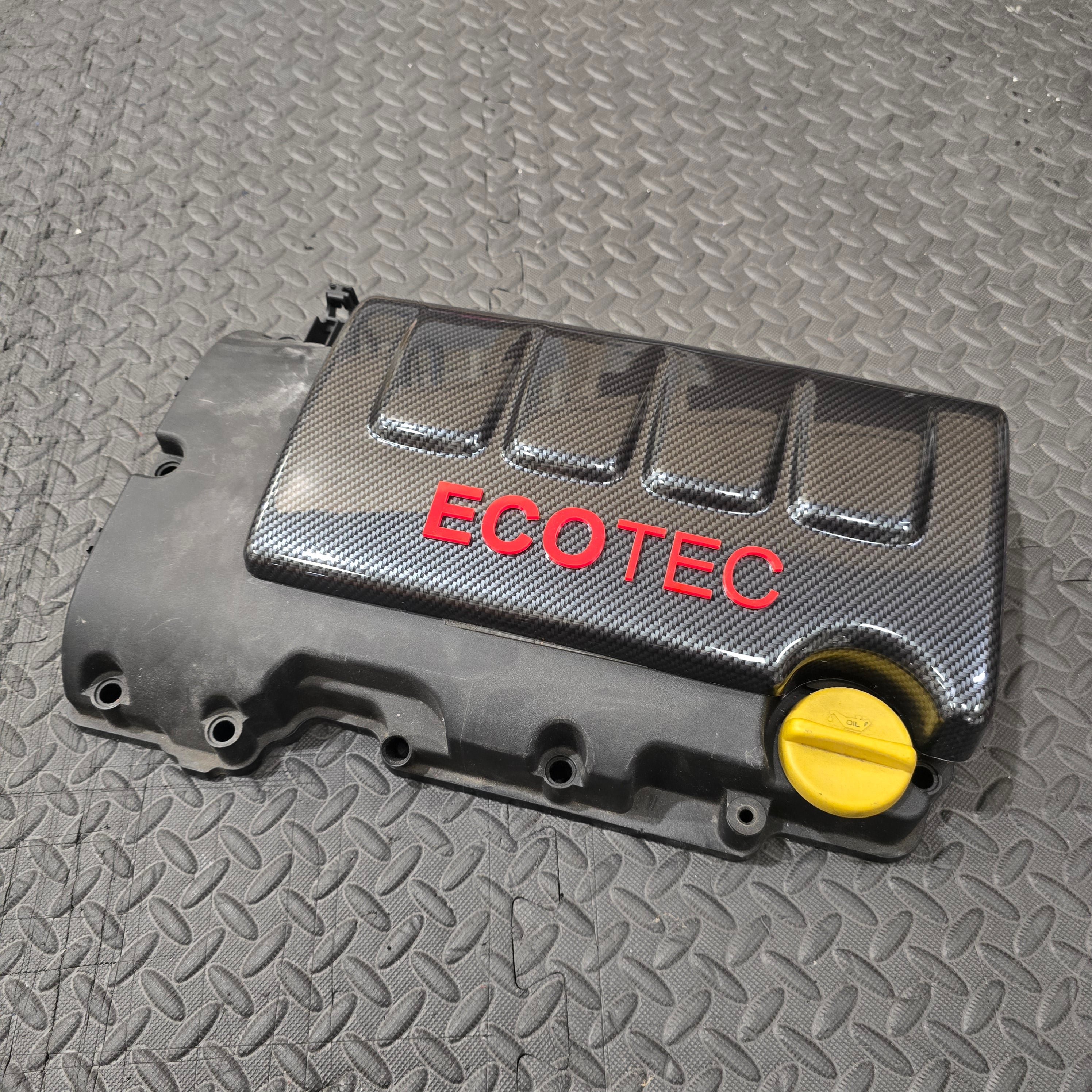 Proform Vauxhall Engine Cover -Deluxe Carbon Fibre Effect Plastic - Red Acrylic ECOTEC Detialing - Fitted on Factory Engine Cover