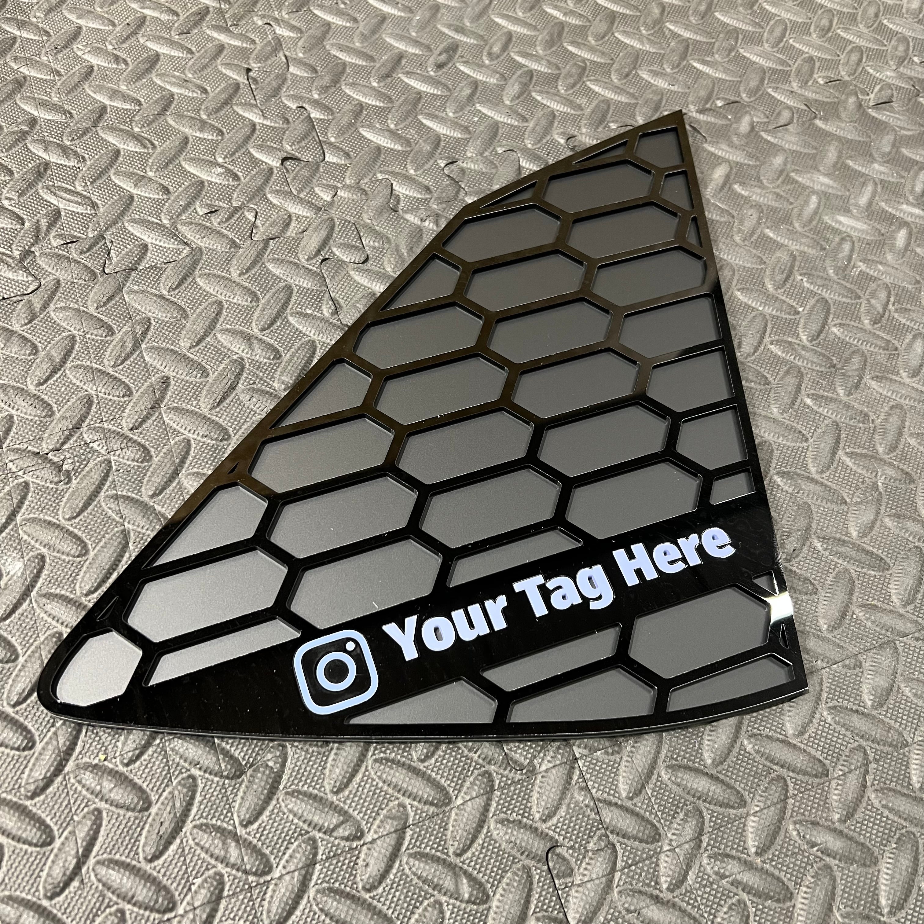 Proform Custom Social Media Tag Rear Quarter Window Inserts (Pair) - Hyundai i20 / i20N - Personal Instagram Tag - Light Purple (Hyundai - Performance Blue) Detail