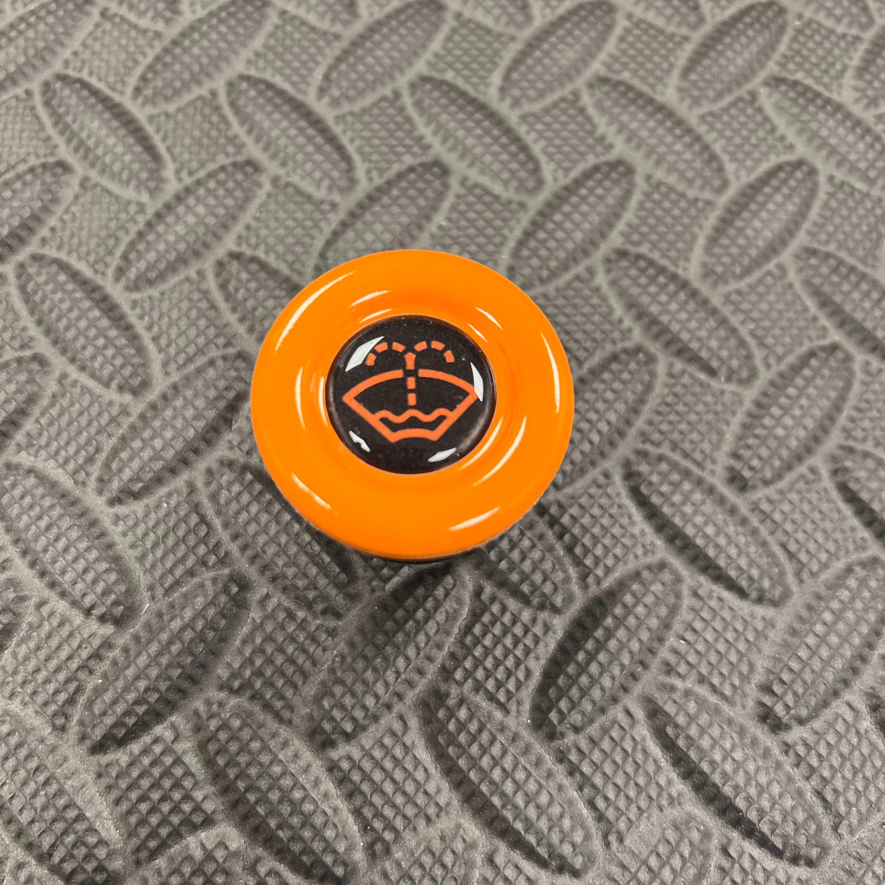 Washer Bottle Bung, Fits Multiple Ford Models - Gloss Orange Plastic With Orange Screenwash Logo Detailing