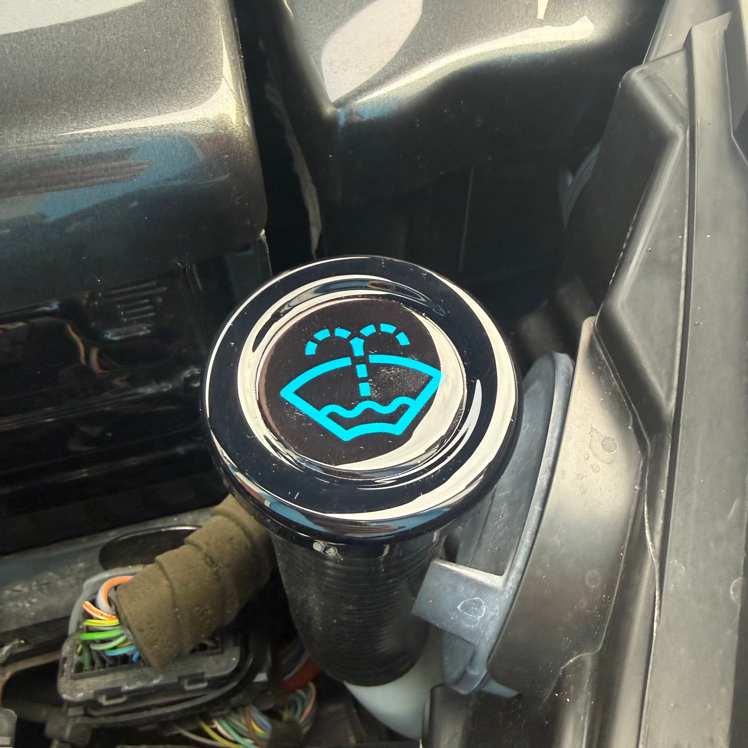 Proform Washer Bottle Bung - Multiple Ford Models - Gloss Black Plastic With Light Blue Screenwash Logo Detailing