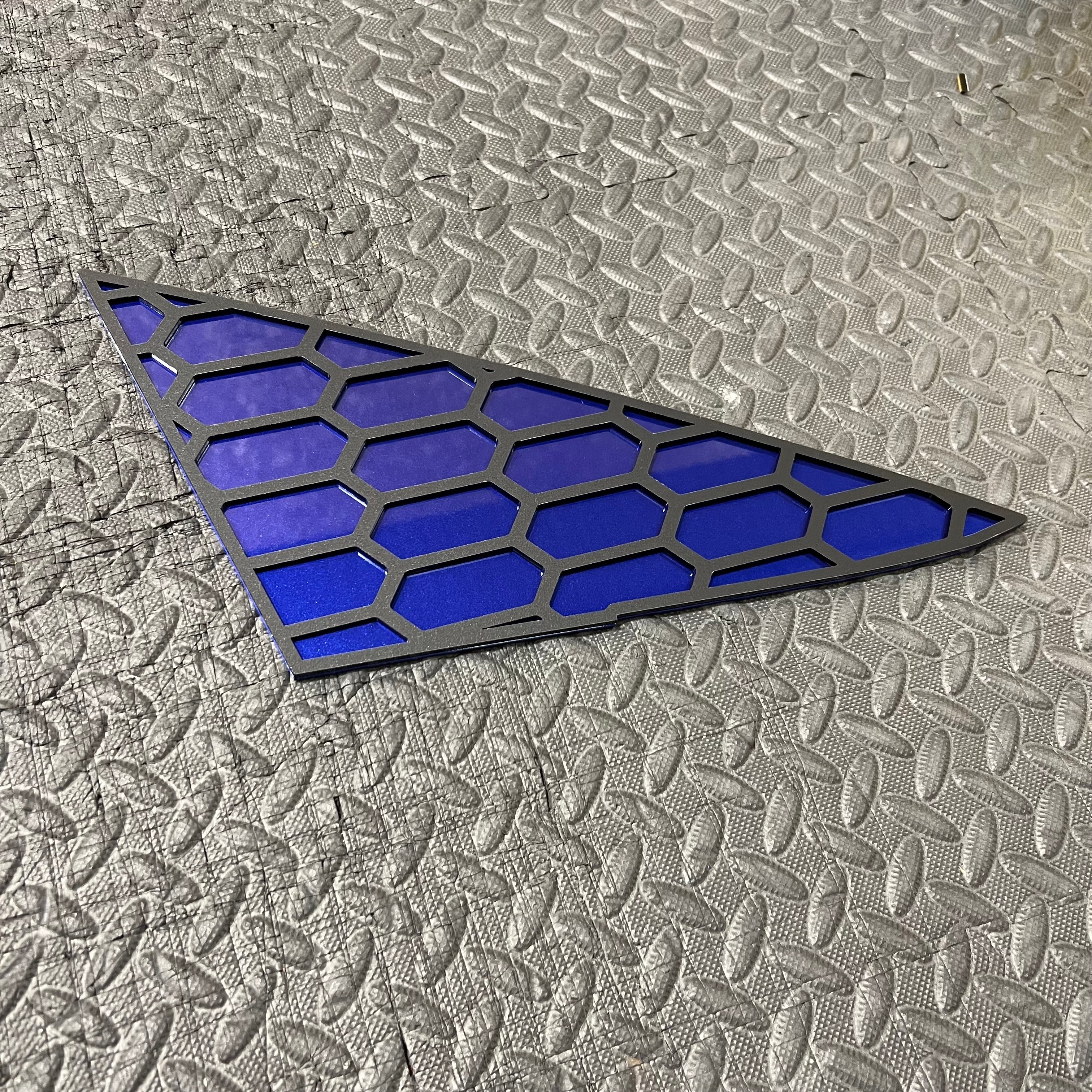 Proform Mk7/7.5 Fiesta Front Quarter Window Inserts - Painted Spirit Blue Backing Plate with Satin Hexagon Detail