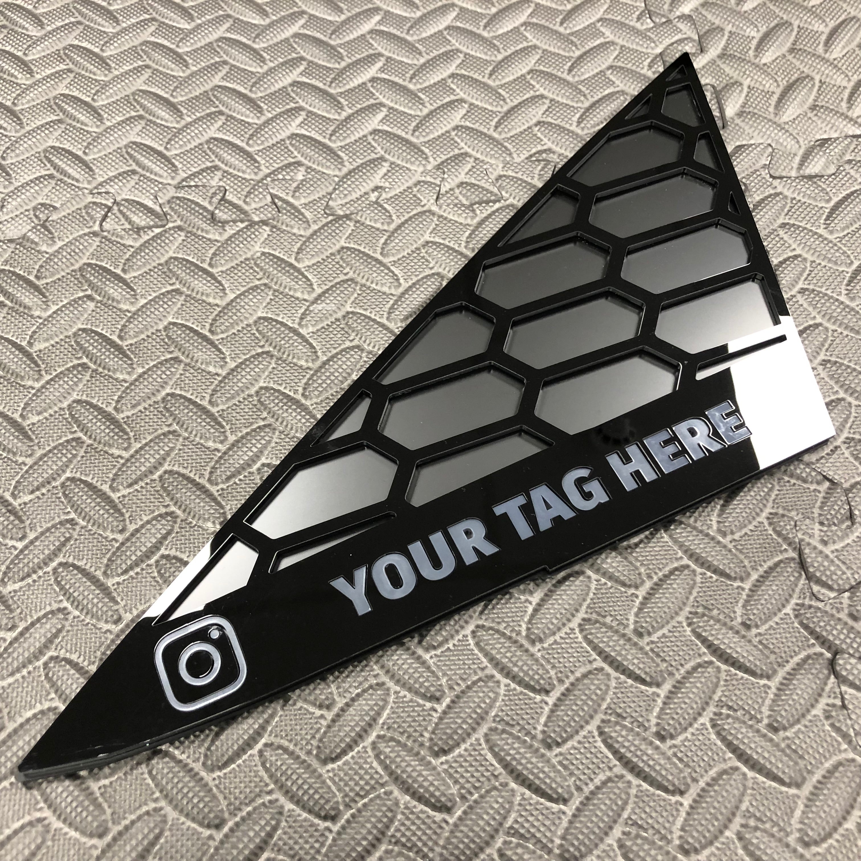 Mk7/7.5 Fiesta Front Quarter Window Inserts (Pair) - Custom Text / Social Media Tag - Dark Grey Detail