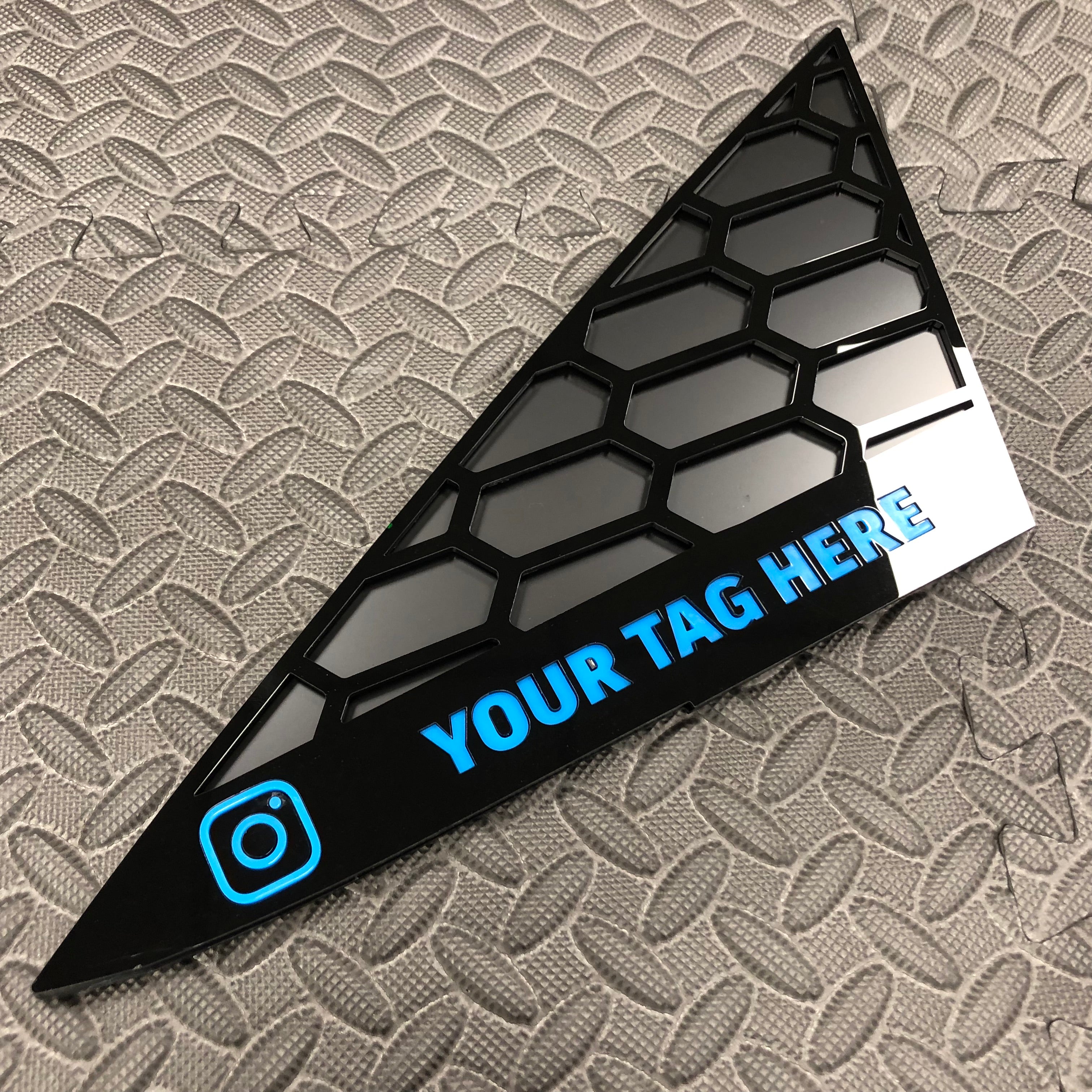 Mk7/7.5 Fiesta Front Quarter Window Inserts (Pair) - Custom Text / Social Media Tag - Light Blue (Nitrous/Azure Blue) Detail